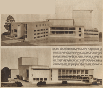 874652 Collage van 2 foto's betreffende de maquette van de door de Hilversumse architect W.M. Dudok ontworpen nieuwe ...